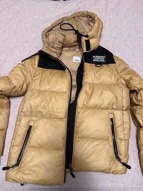 Burberry Gold and Black Hooded Puffer Jacket
